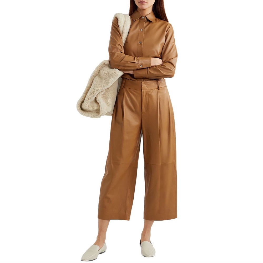 Vince Camel Brown Leather Wide-Leg Cropped Pants